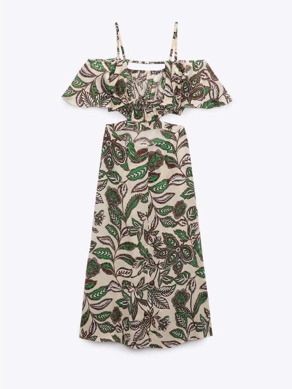 Zara Floral Linen Blend Cutout Midi Dress Tropical Coastal Resort Wedding Guest